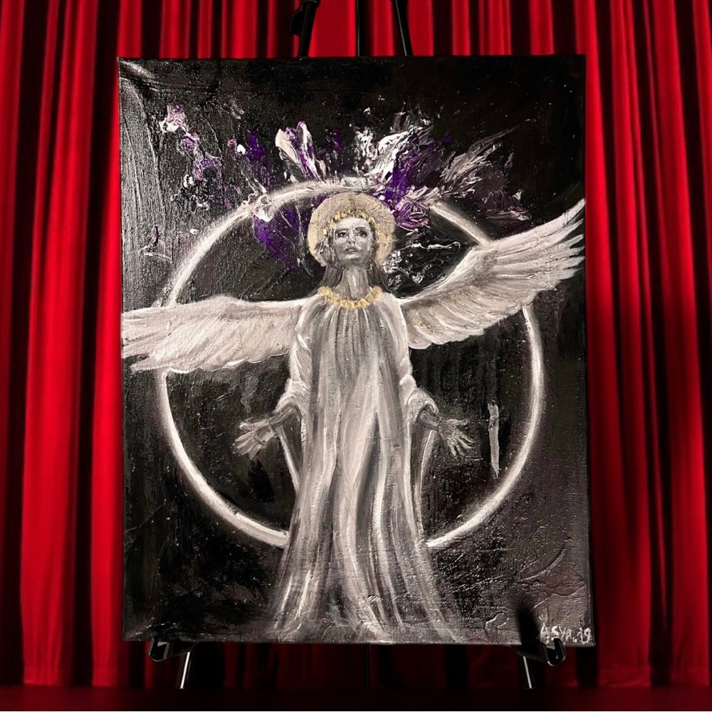 ⚜️ Original Acrylic Spiritual painting “Divine Angel” Wings and Saint Halo